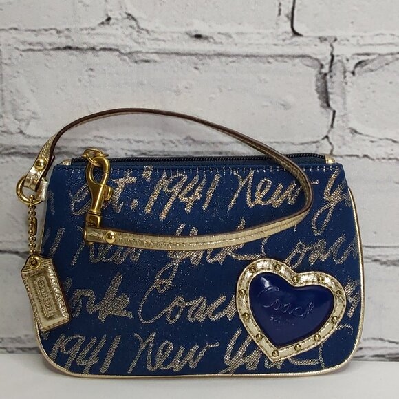 Coach Handbags - 'COACH' 'POPPY' SIGNATURE SCRIPT LUREX JACQUARD WRISTLET NAVY BLUE/GOLD